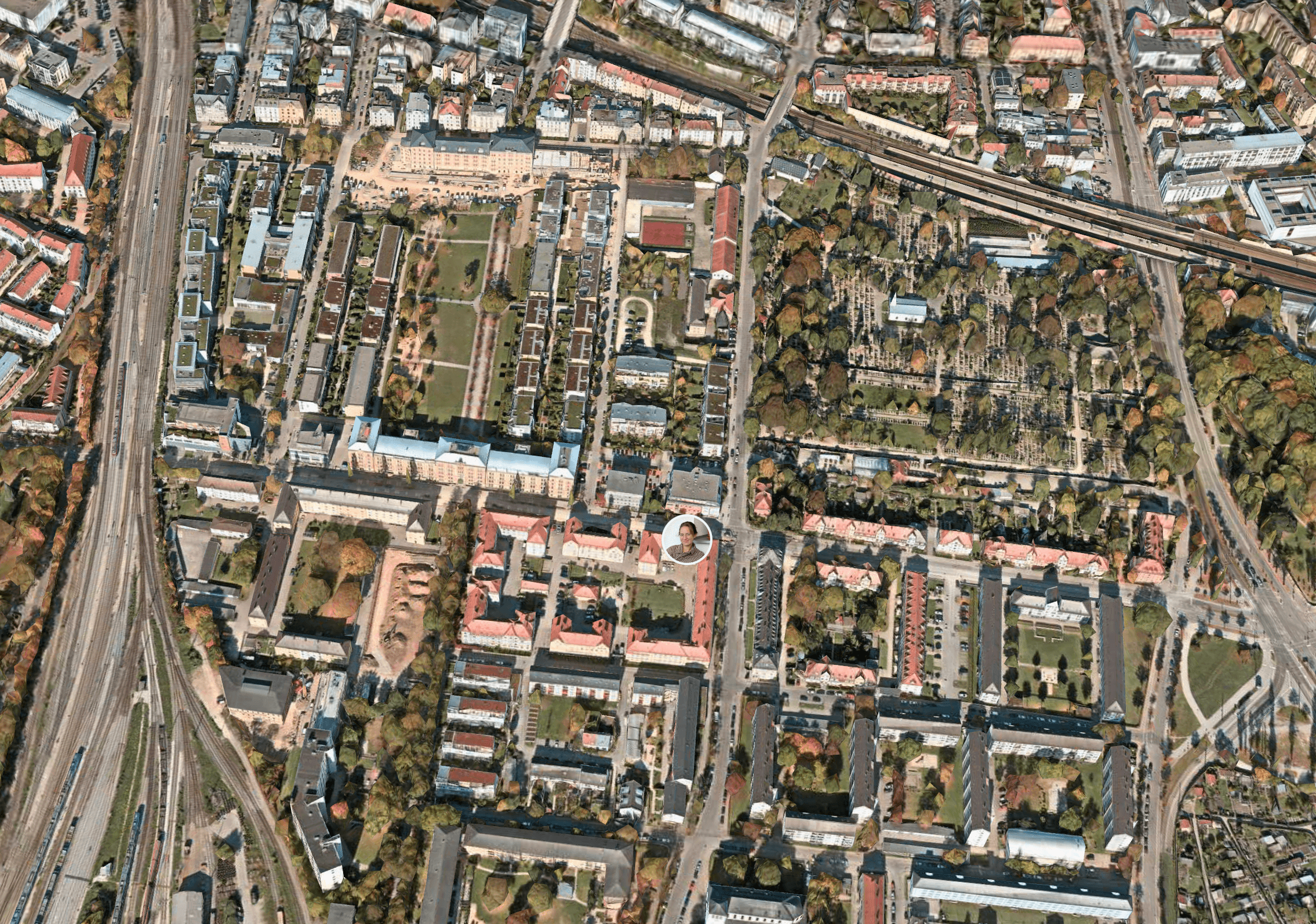 A satellite image of the city of Augsburg, showing the location of a person